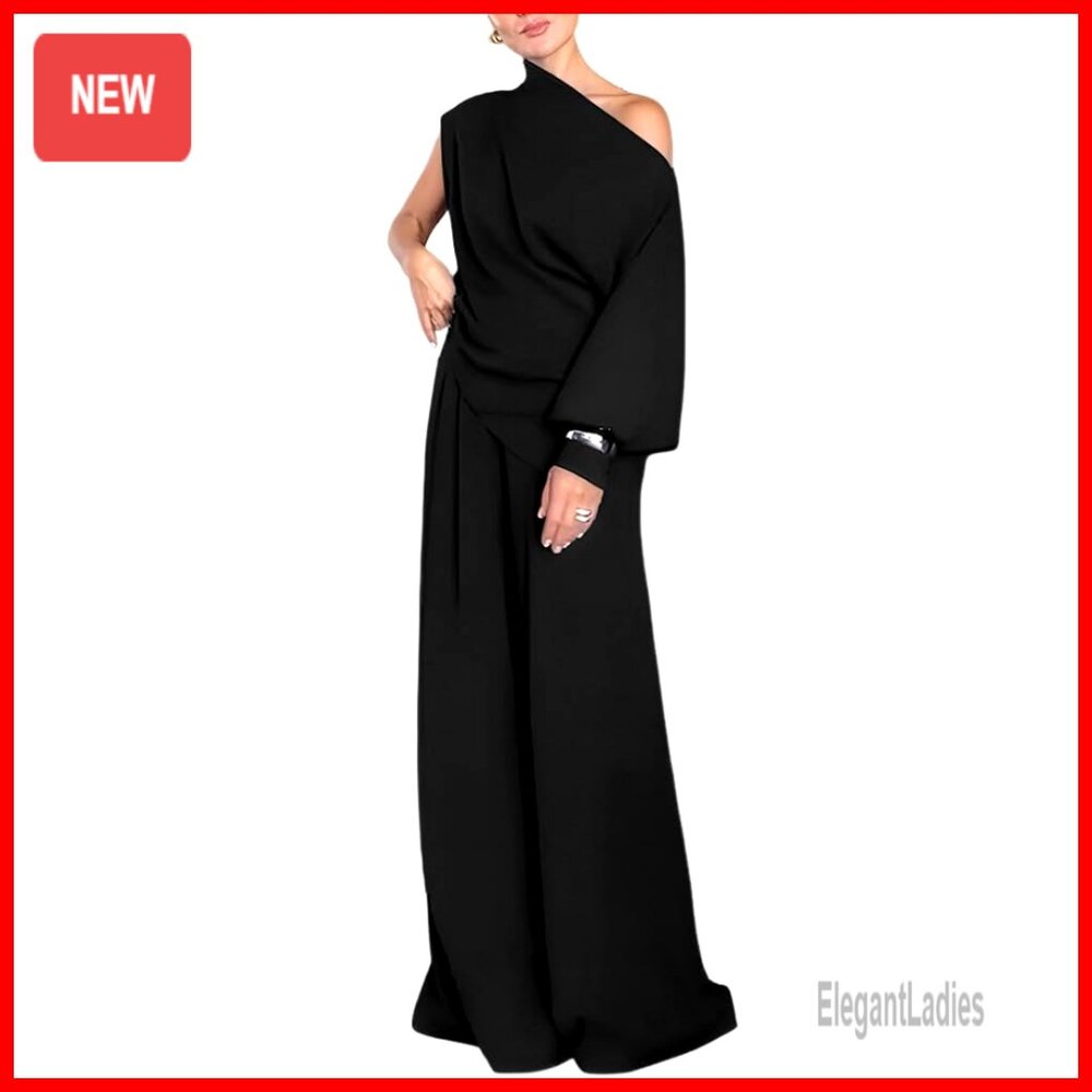 One Shoulder Lantern Sleeve Top And Wide Leg Pants Set, Polyester Elastane
